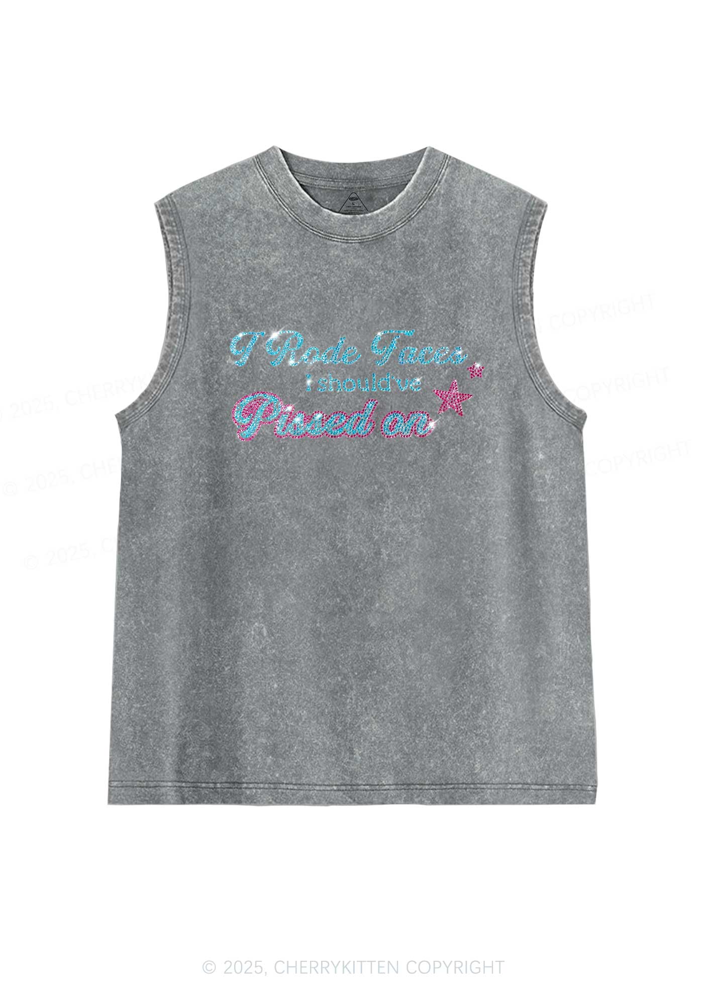 Rhinestone I Rode Faces Y2K Washed Muscle Tank Cherrykitten