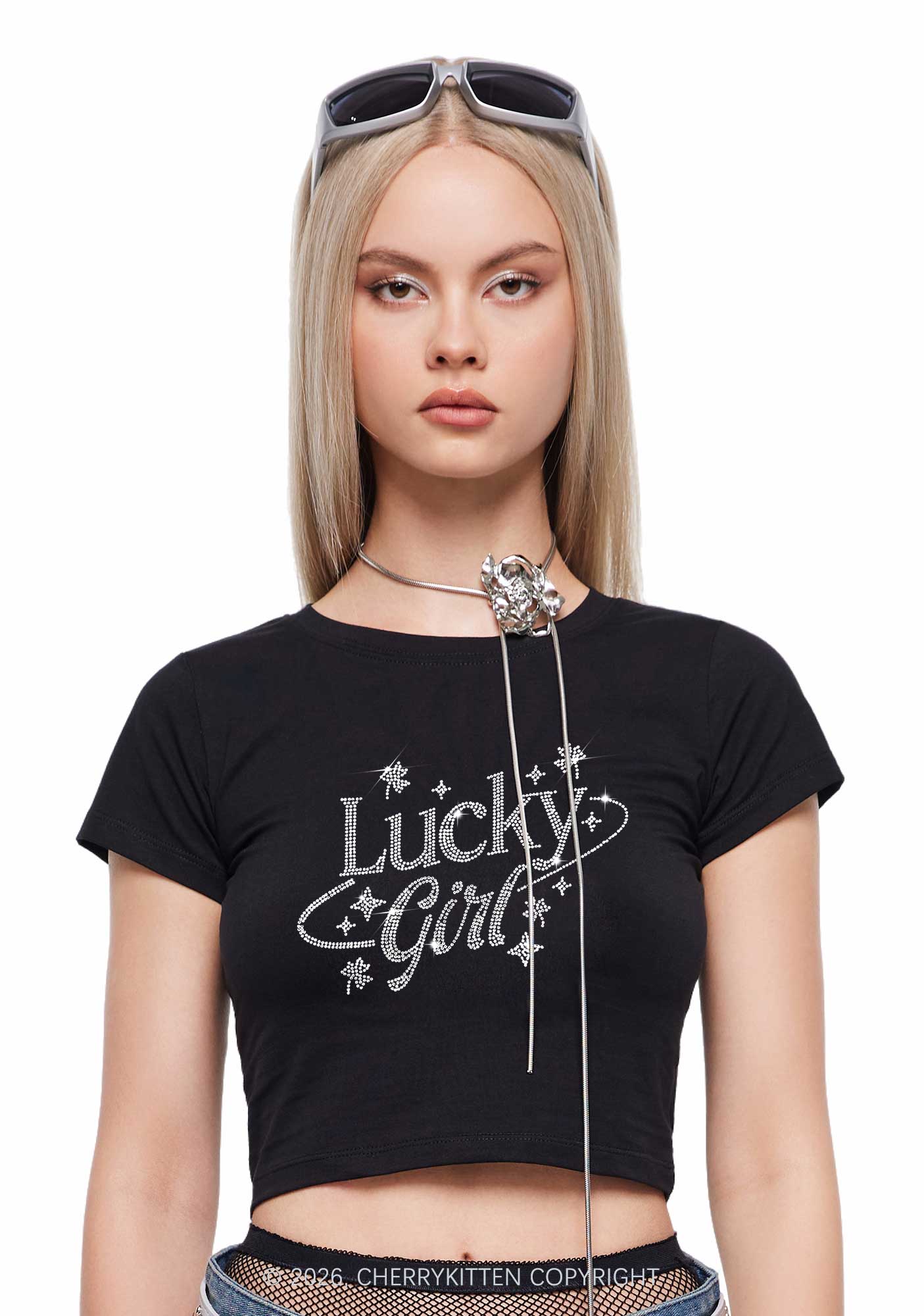 Rhinestone Lucky Girl St Patricks Y2K Baby Tee Cherrykitten
