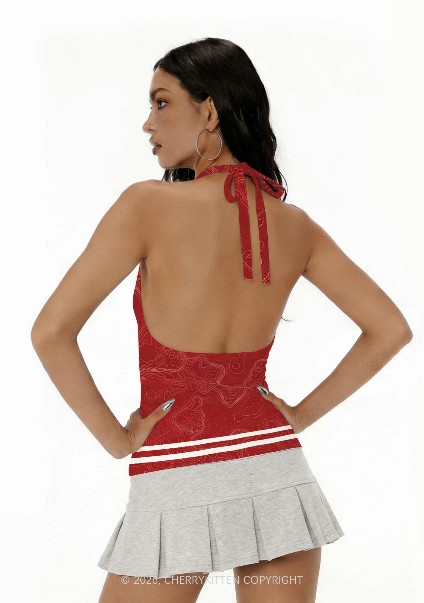 Red Topographic Line Y2K Print Halter Deep V Neck Cami Cherrykitten