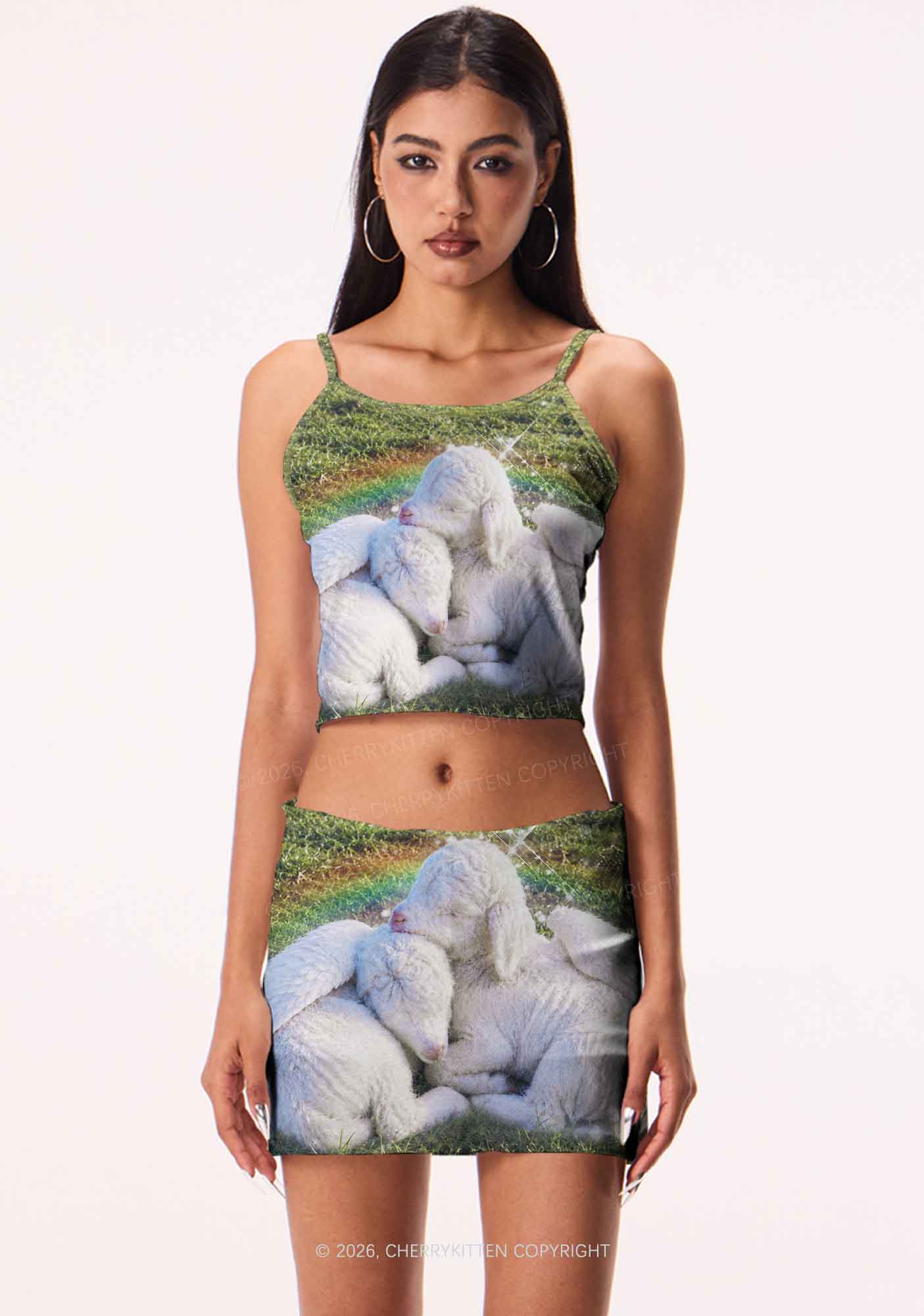 Angel Wings Baby Lambs Y2K Print Mini Skirt Cherrykitten