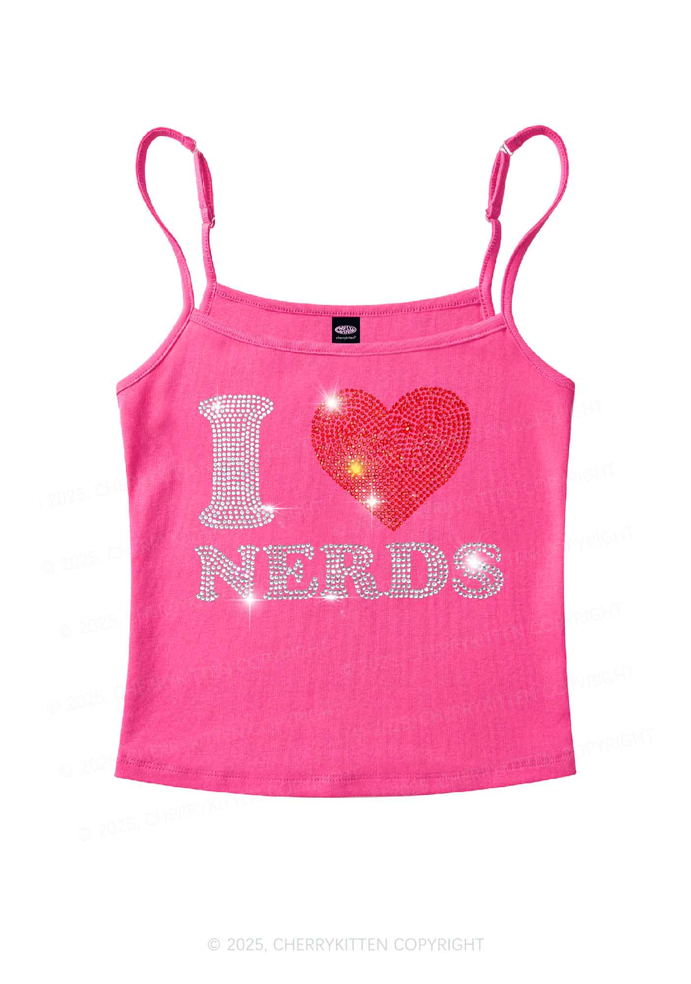 Rhinestone I Love Nerds Y2K Spaghetti Strap Cami Cherrykitten
