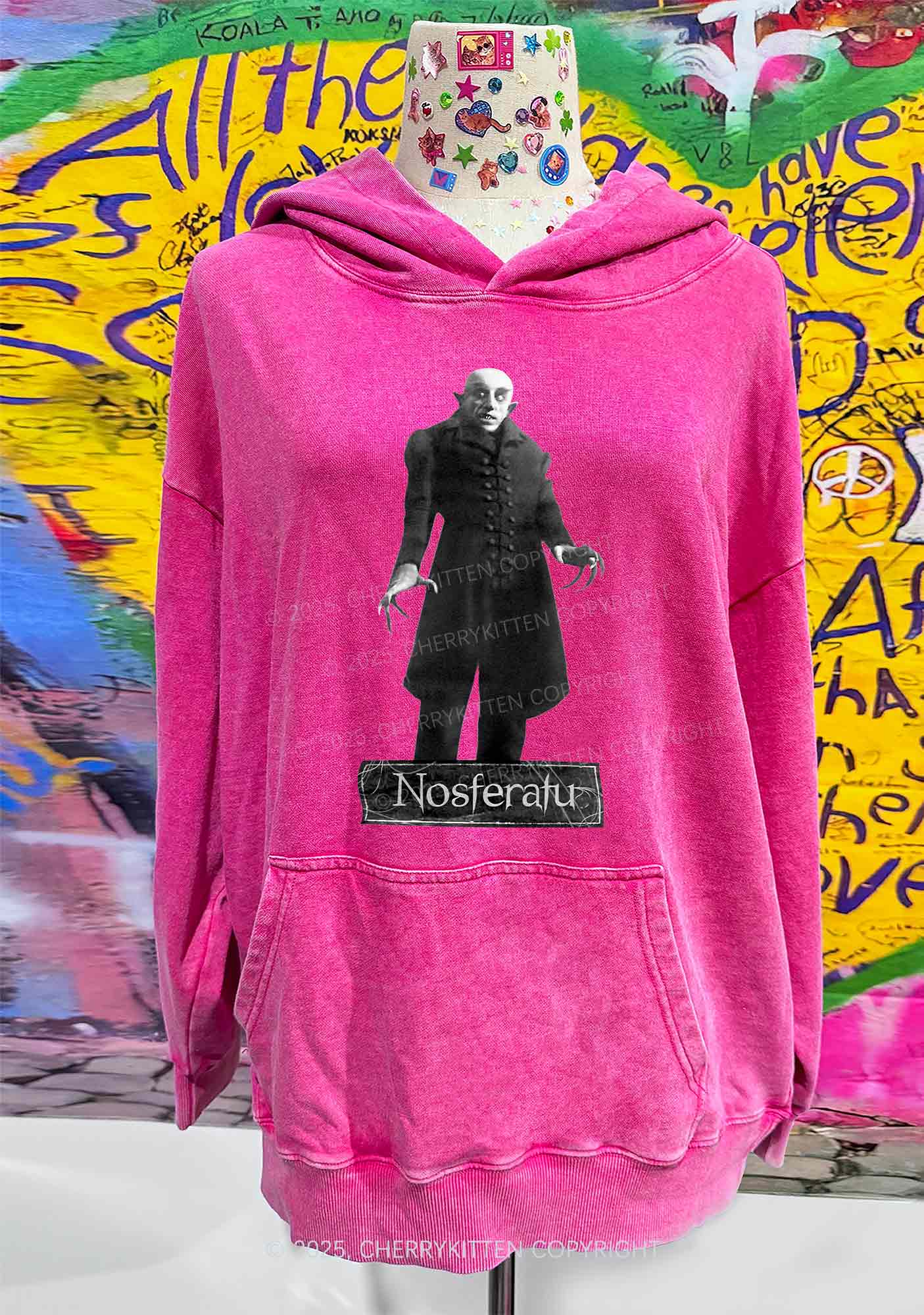 Halloween Male Vampire Y2K Washed Hoodie Cherrykitten