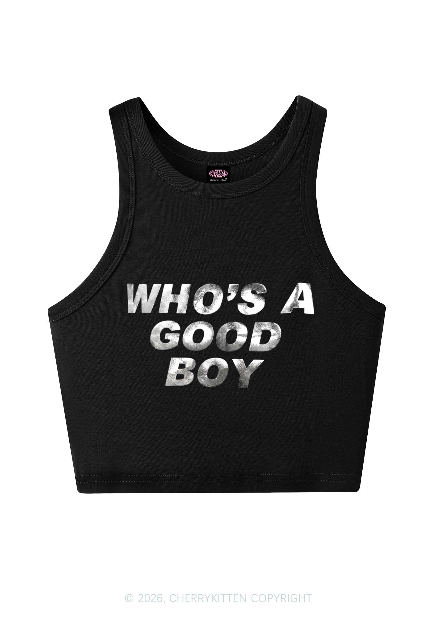 Whos A Good Boy Silver Foil Printed Y2K Crop Tank Top Cherrykitten