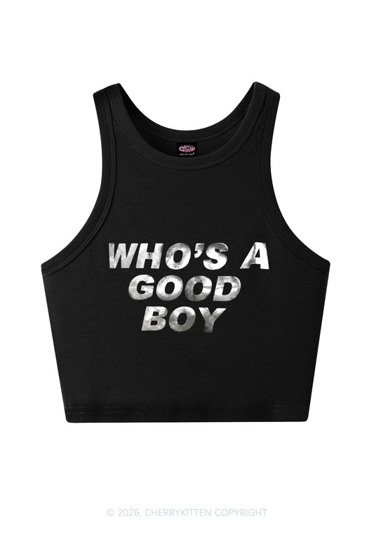 Whos A Good Boy Silver Foil Printed Y2K Crop Tank Top Cherrykitten