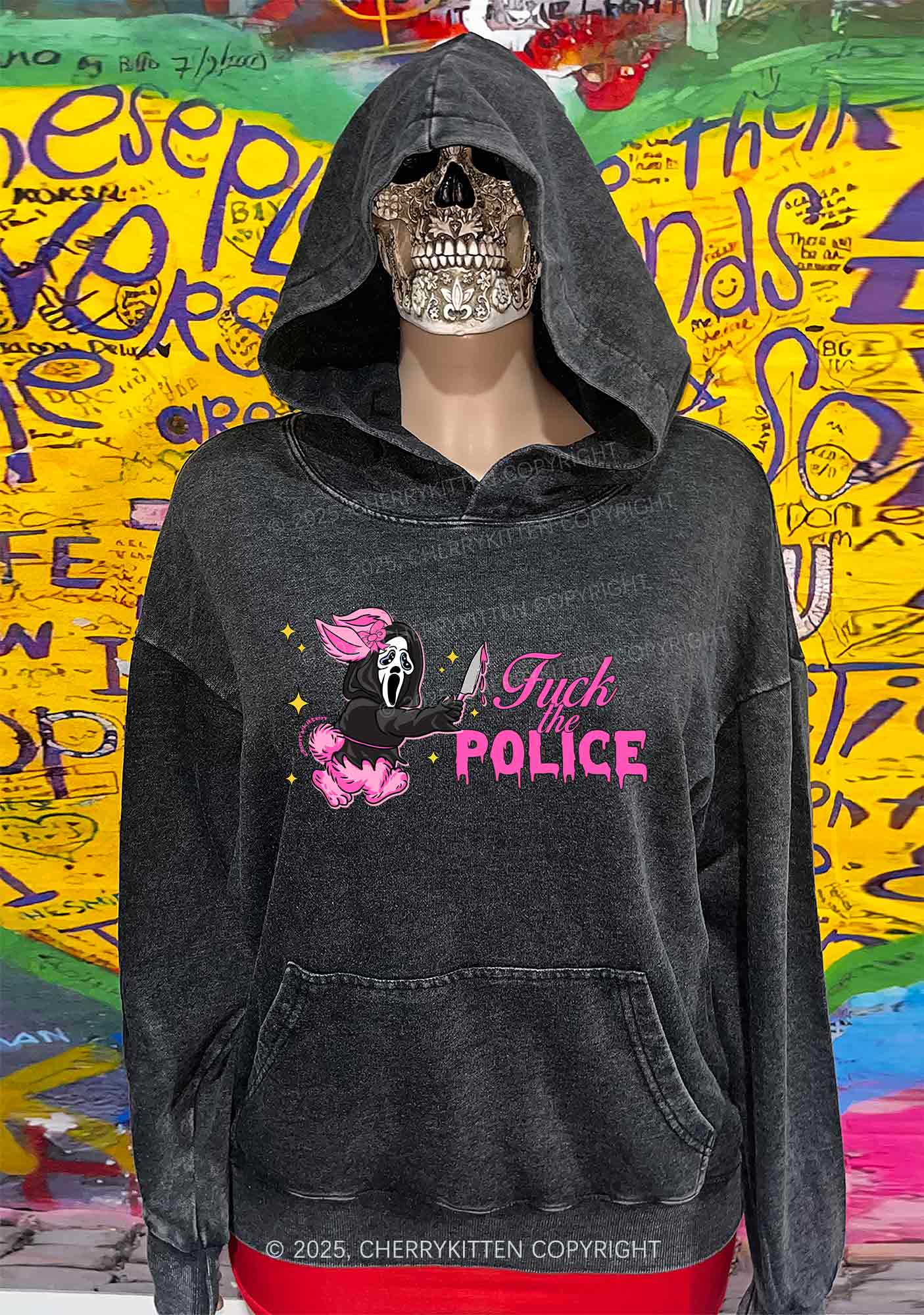 Halloween Fxxk The Police Y2K Washed Hoodie Cherrykitten