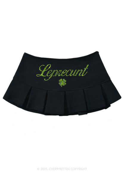 Rhinestone Leprecunt St Patricks Y2K Mini Pleated Skirts Cherrykitten