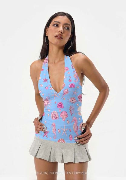 Pink Seashell Starfish Y2K Print Halter Deep V Neck Cami Cherrykitten