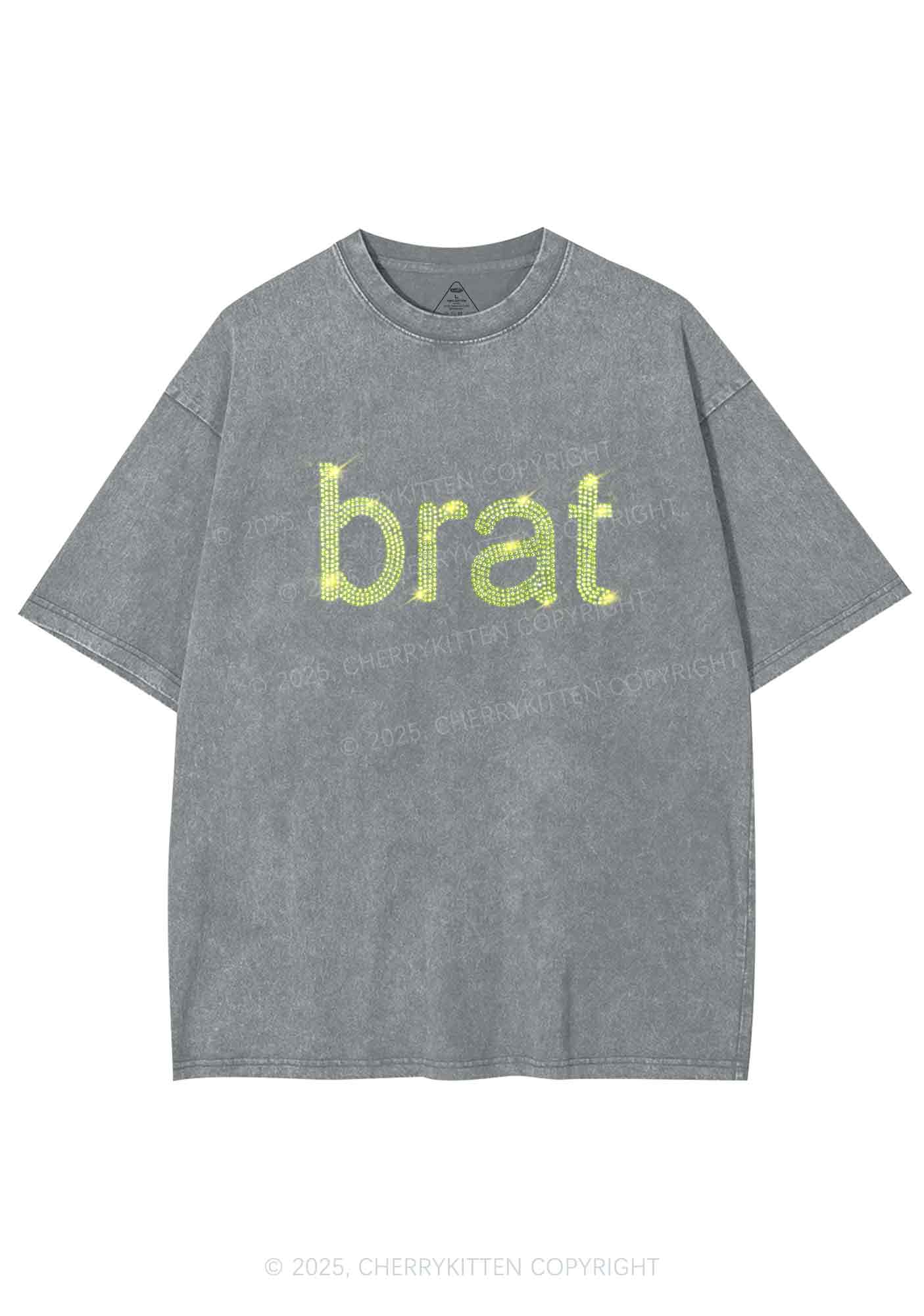 Rhinestone Green Brat Y2K Shirts Washed Tee Cherrykitten