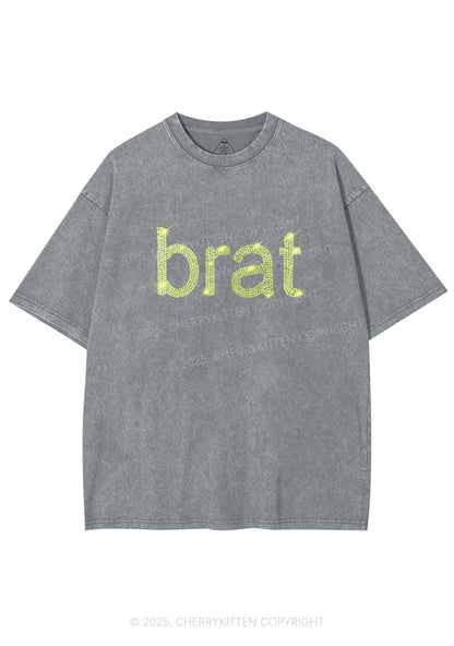 Rhinestone Green Brat Y2K Shirts Washed Tee Cherrykitten