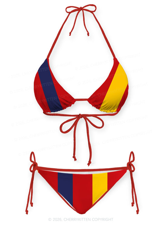 Red Navy Yellow Vertical Stripe Y2K Print Bikini Set Cherrykitten