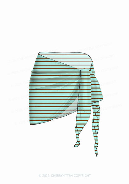 Mint Brown Stripes Y2K Print Bikini Set Cherrykitten