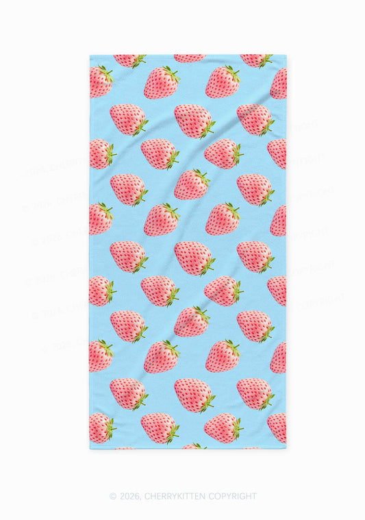 Pink Strawberry On Blue Y2K Beach Towel Cherrykitten