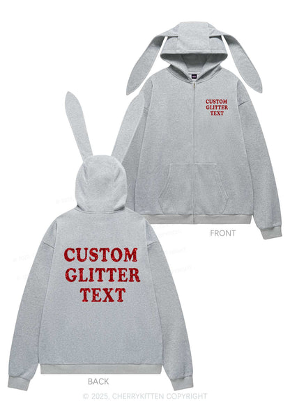 Custom Text Glitter Y2K Bunny Ear Zip Hoodie Cherrykitten