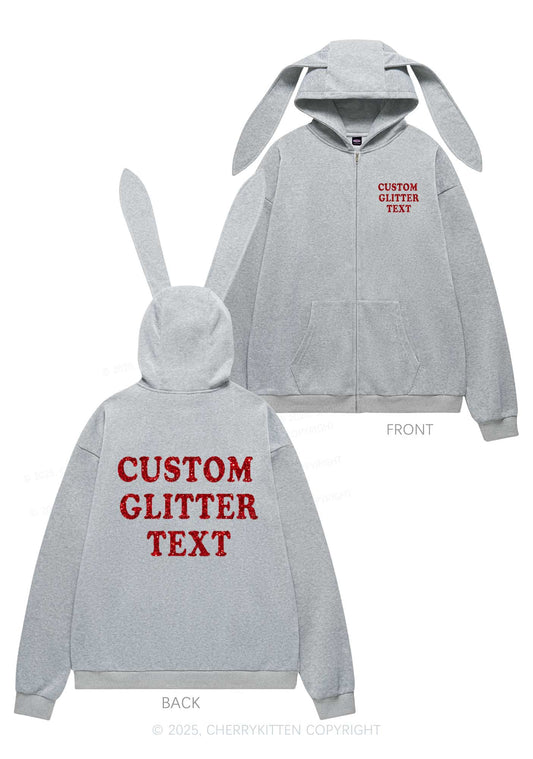 Custom Text Glitter Y2K Bunny Ear Zip Hoodie Cherrykitten