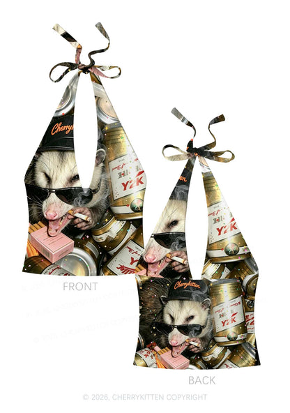 Smoking Opossum Y2K Print Halter Deep V Neck Cami Cherrykitten