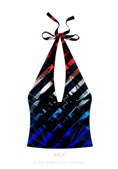 Red Blue Gradient Diagonal Stripe Y2K Print Halter Deep V Neck Cami Cherrykitten
