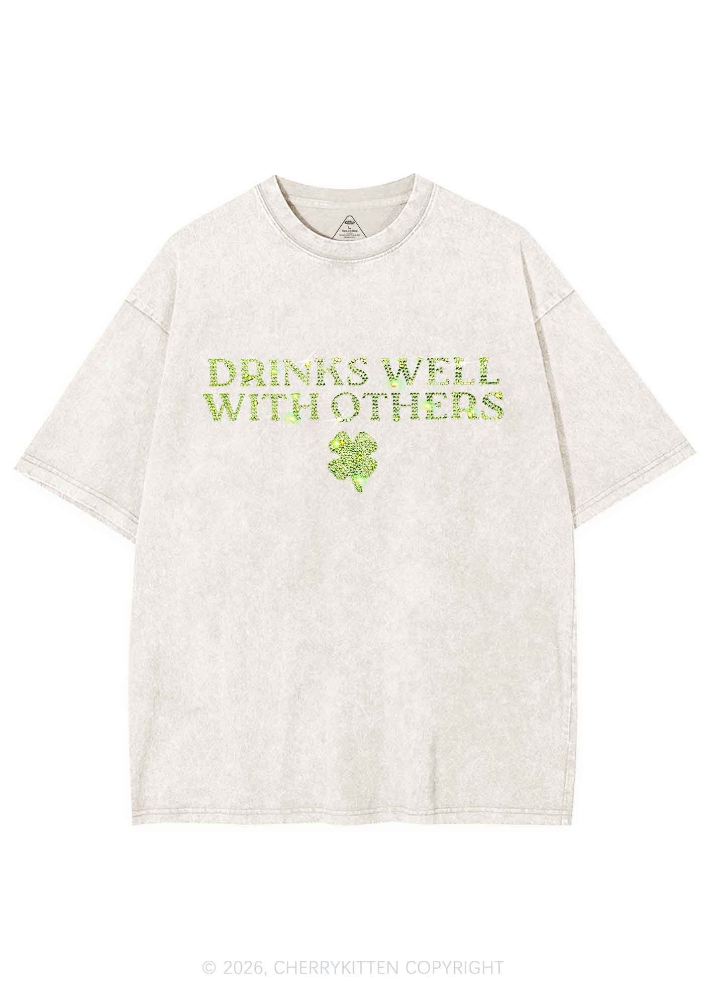 Rhinestone Drinks Well With Others St Patricks Y2K Shirts Washed Tee Cherrykitten