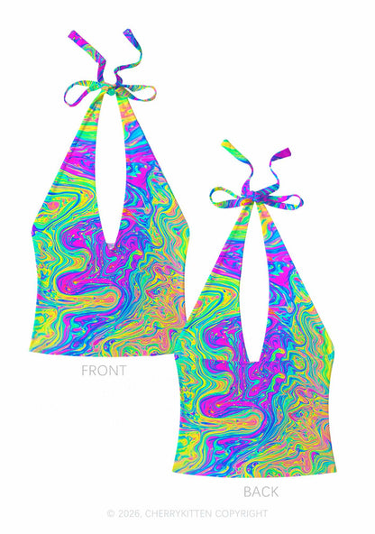 Rainbow Fluid Swirl Y2K Print Halter Deep V Neck Cami Cherrykitten