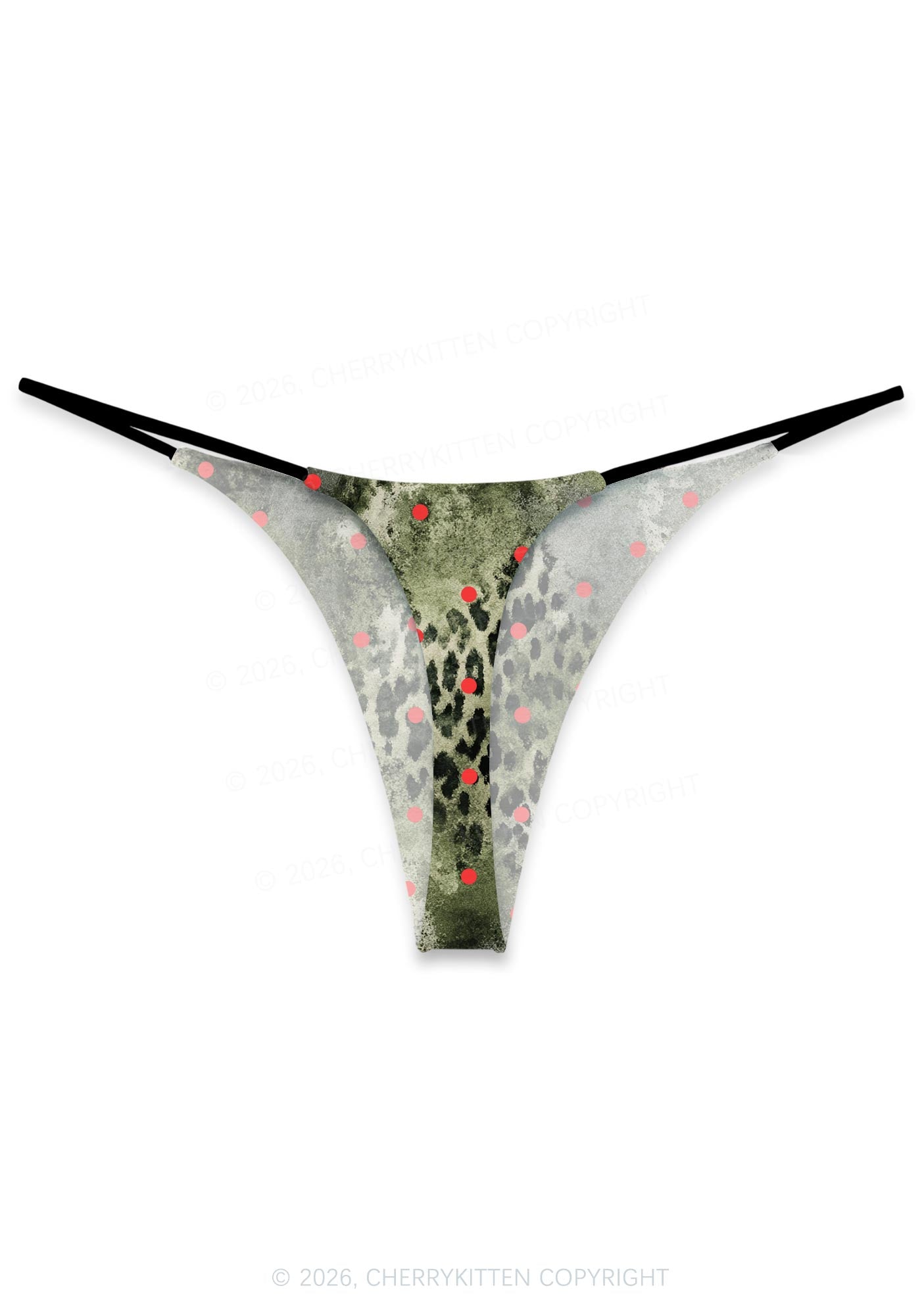 Red Dots On Green Leopard Y2K Print Bikini String Thong Cherrykitten