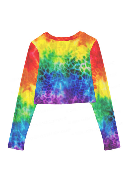 Rainbow Leopard Tie Dye Pride Y2K Mesh Long Sleeve Crop Top Cherrykitten