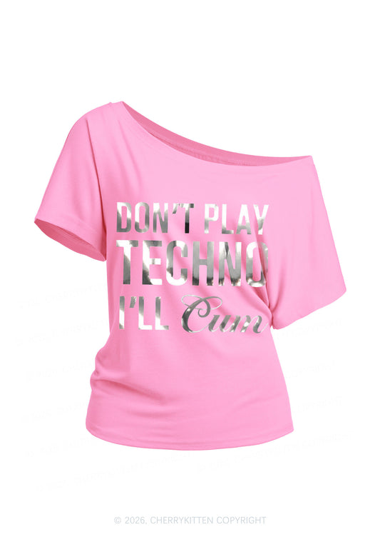 Dont Play Techno Silver Foil Printed Y2K Off Shoulder Tee Cherrykitten