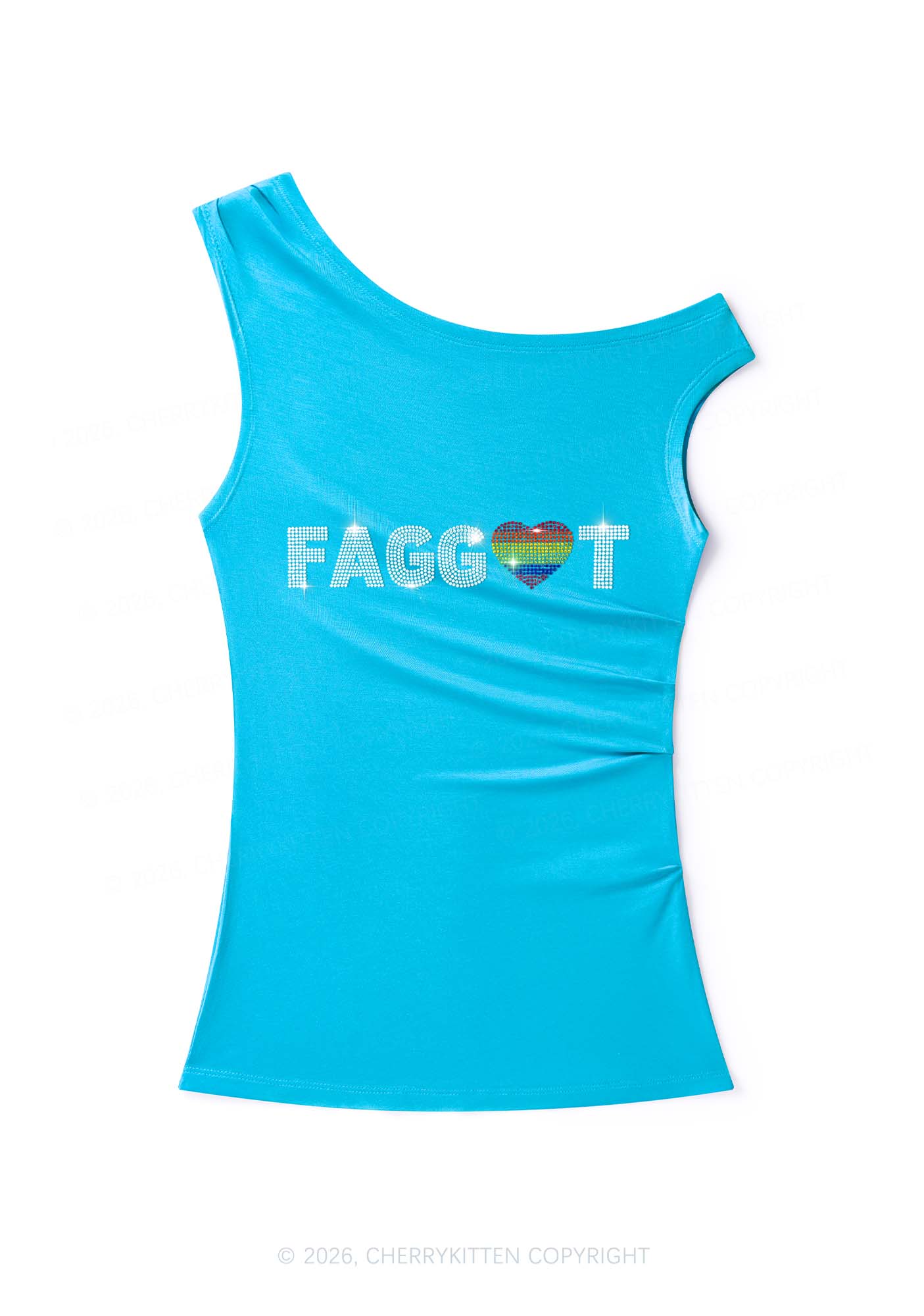 Rhinestone Rainbow Heart Faggot Pride Y2K Off Shoulder Tank Top Cherrykitten