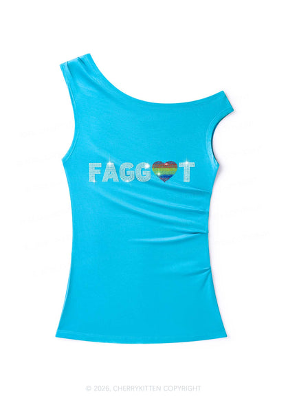 Rhinestone Rainbow Heart Faggot Pride Y2K Off Shoulder Tank Top Cherrykitten