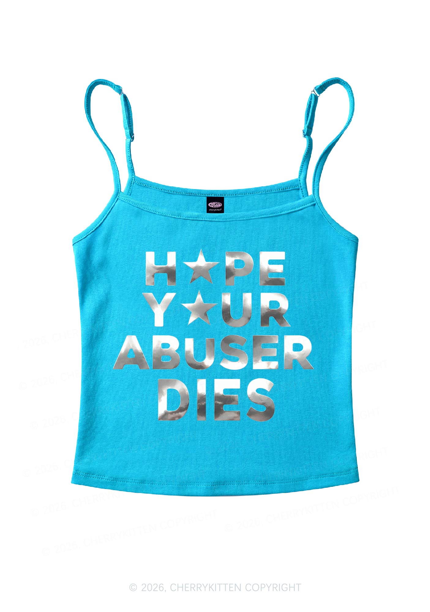 Abuser Dies Silver Foil Printed Y2K Spaghetti Strap Cami Cherrykitten