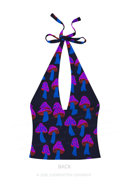 Blue Mushroom Y2K Print Halter Deep V Neck Cami Cherrykitten