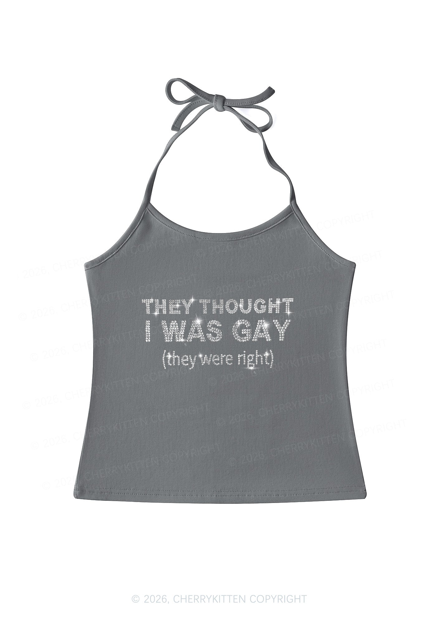 Rhinestone They Thought I Was Gay Pride Y2K Halter Neck Cami Cherrykitten