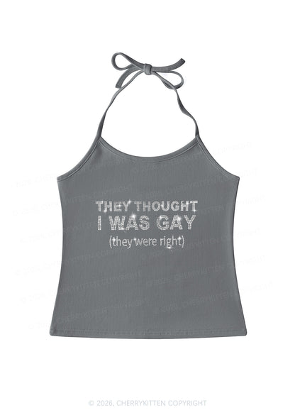 Rhinestone They Thought I Was Gay Pride Y2K Halter Neck Cami Cherrykitten
