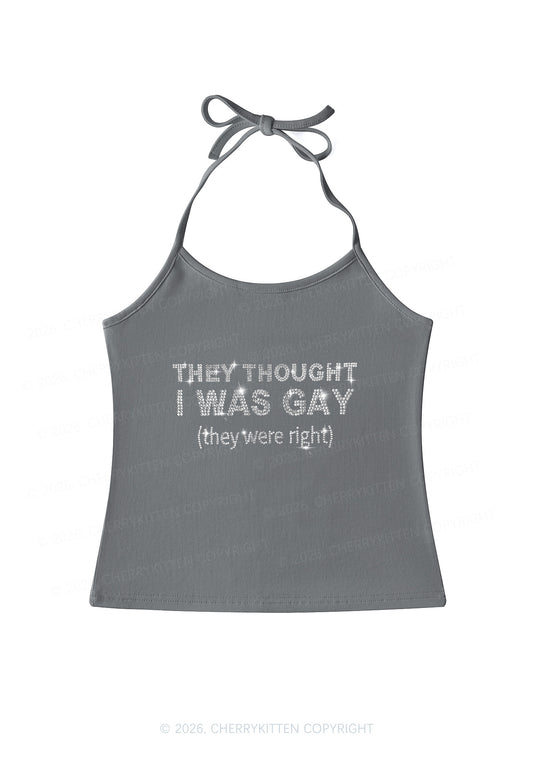 Rhinestone They Thought I Was Gay Pride Y2K Halter Neck Cami Cherrykitten