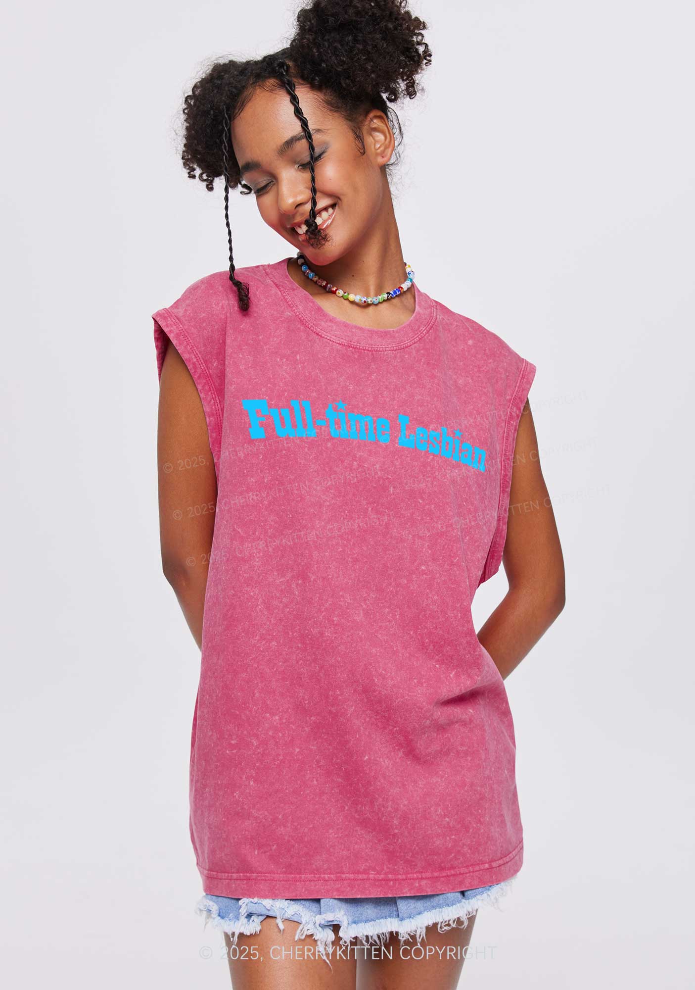 Full Time Lesbian Pride Y2K Washed Muscle Tank Cherrykitten