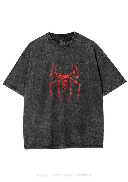 Rhinestone Red Spider Y2K Shirts Washed Tee Cherrykitten