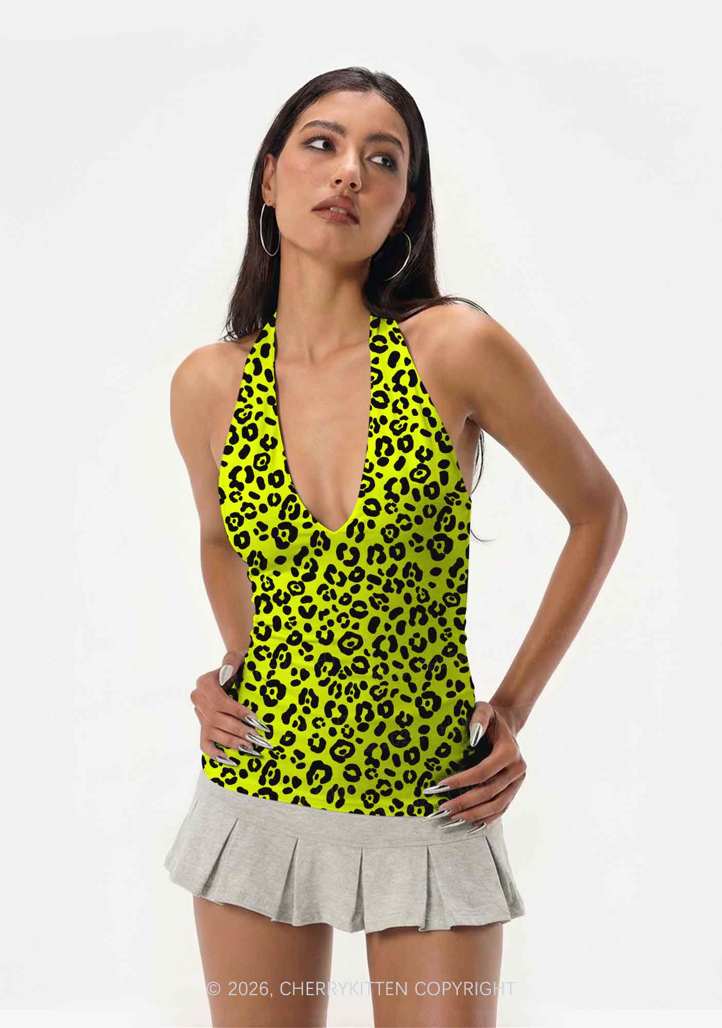 Neon Leopard Y2K Print Halter Deep V Neck Cami Cherrykitten