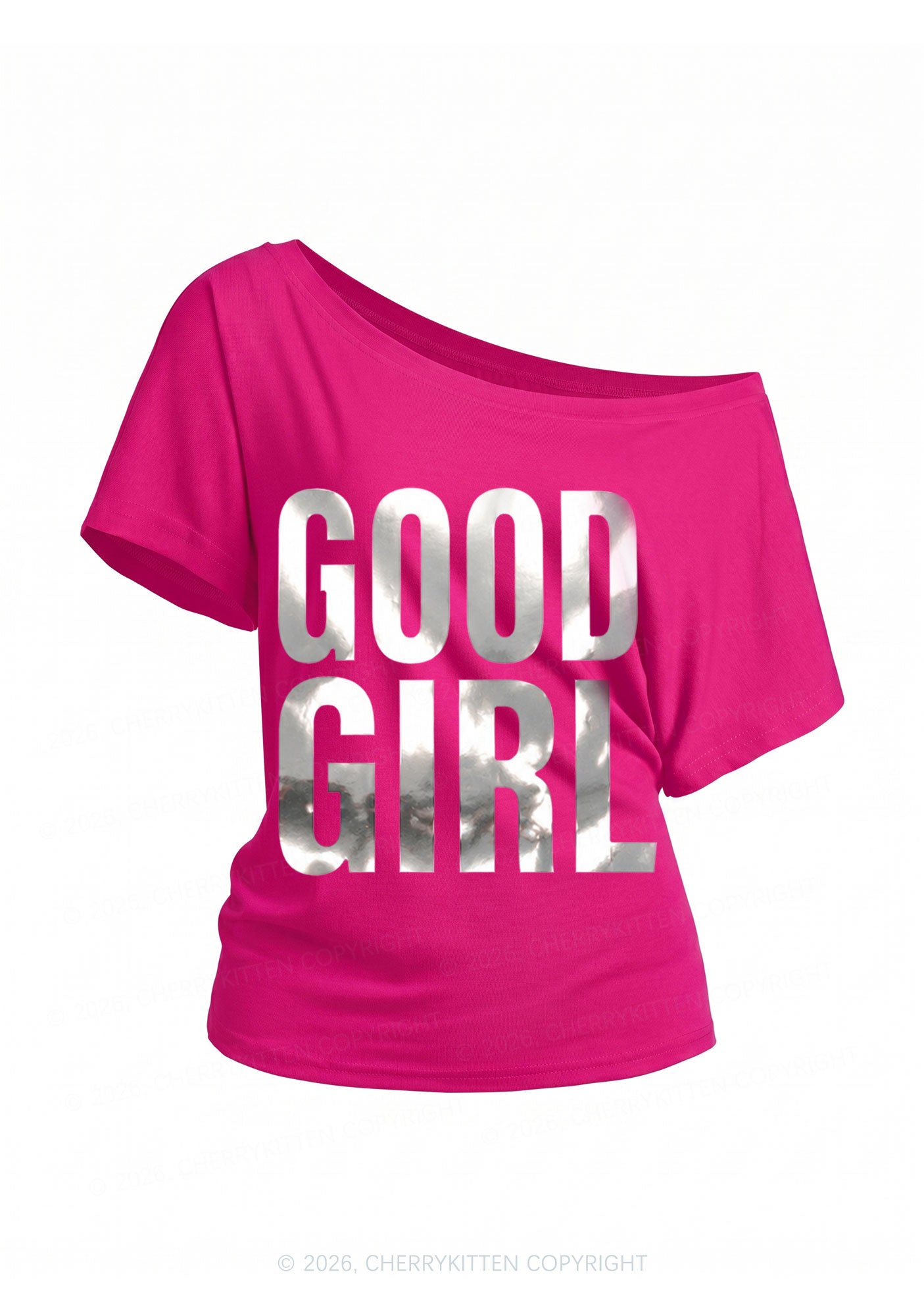 Good Girl Silver Foil Printed Y2K Off Shoulder Tee Cherrykitten