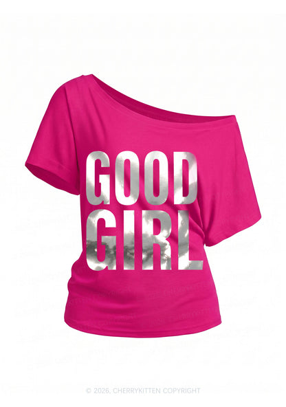 Good Girl Silver Foil Printed Y2K Off Shoulder Tee Cherrykitten