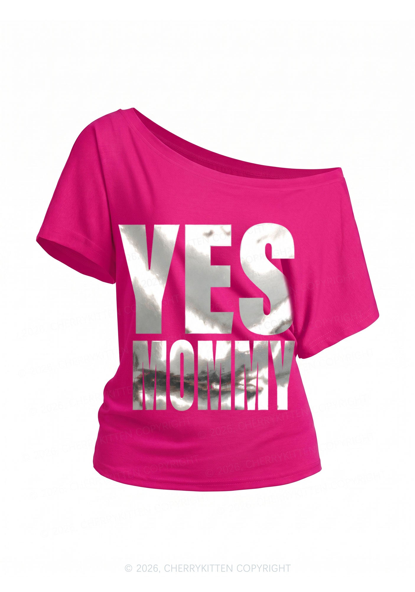 Yes Mommy Silver Foil Printed Y2K Off Shoulder Tee Cherrykitten