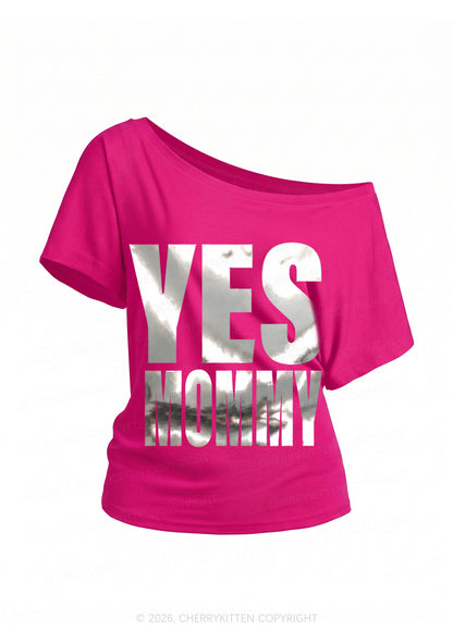Yes Mommy Silver Foil Printed Y2K Off Shoulder Tee Cherrykitten