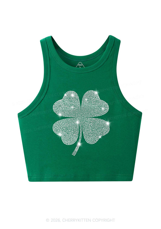 Rhinestone Four Leaf Clover St Patricks Y2K Crop Tank Top Cherrykitten