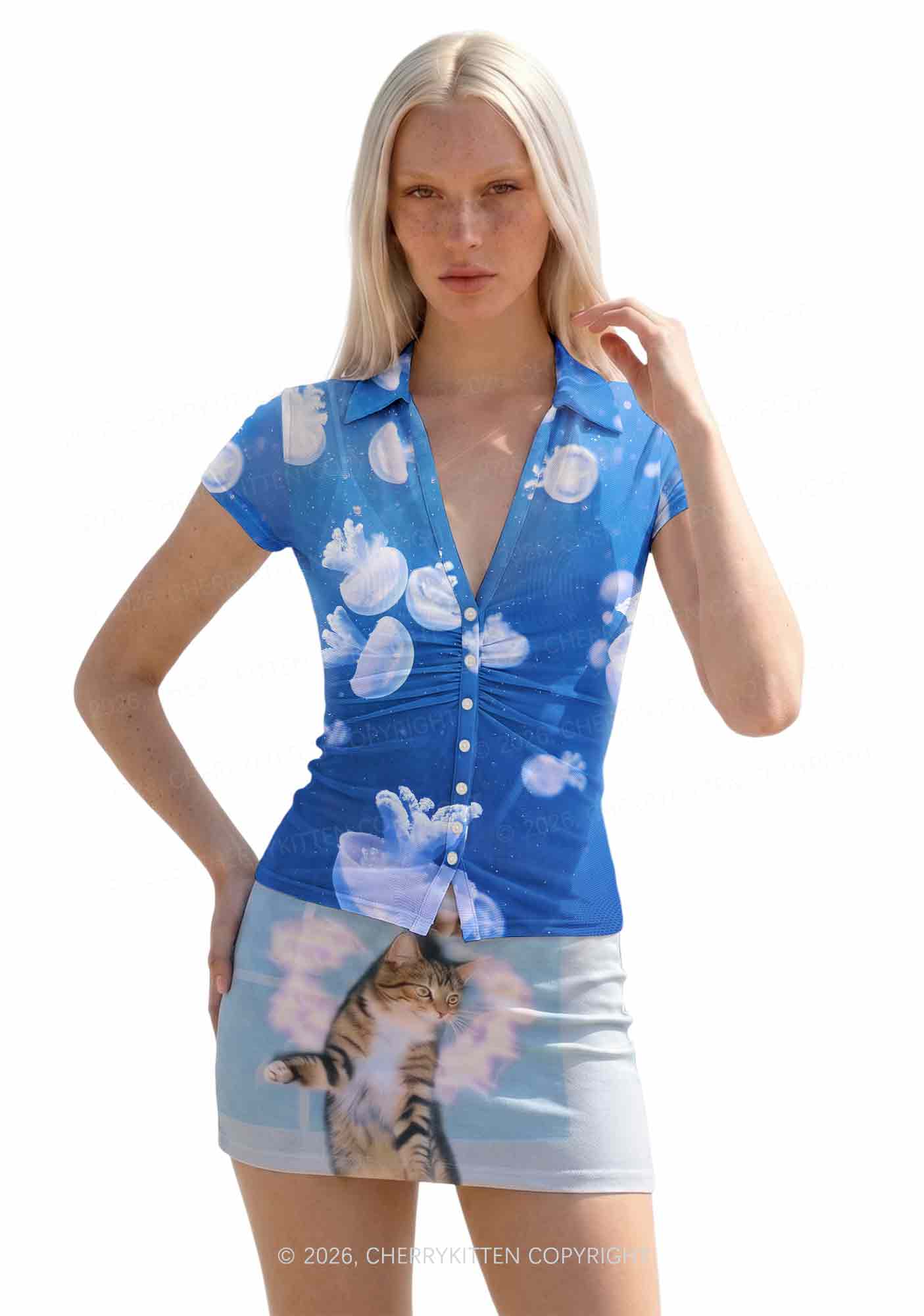 Deep Sea White Jellyfish Y2K Mesh Ruched? Waist??V Neck?Top Cherrykitten