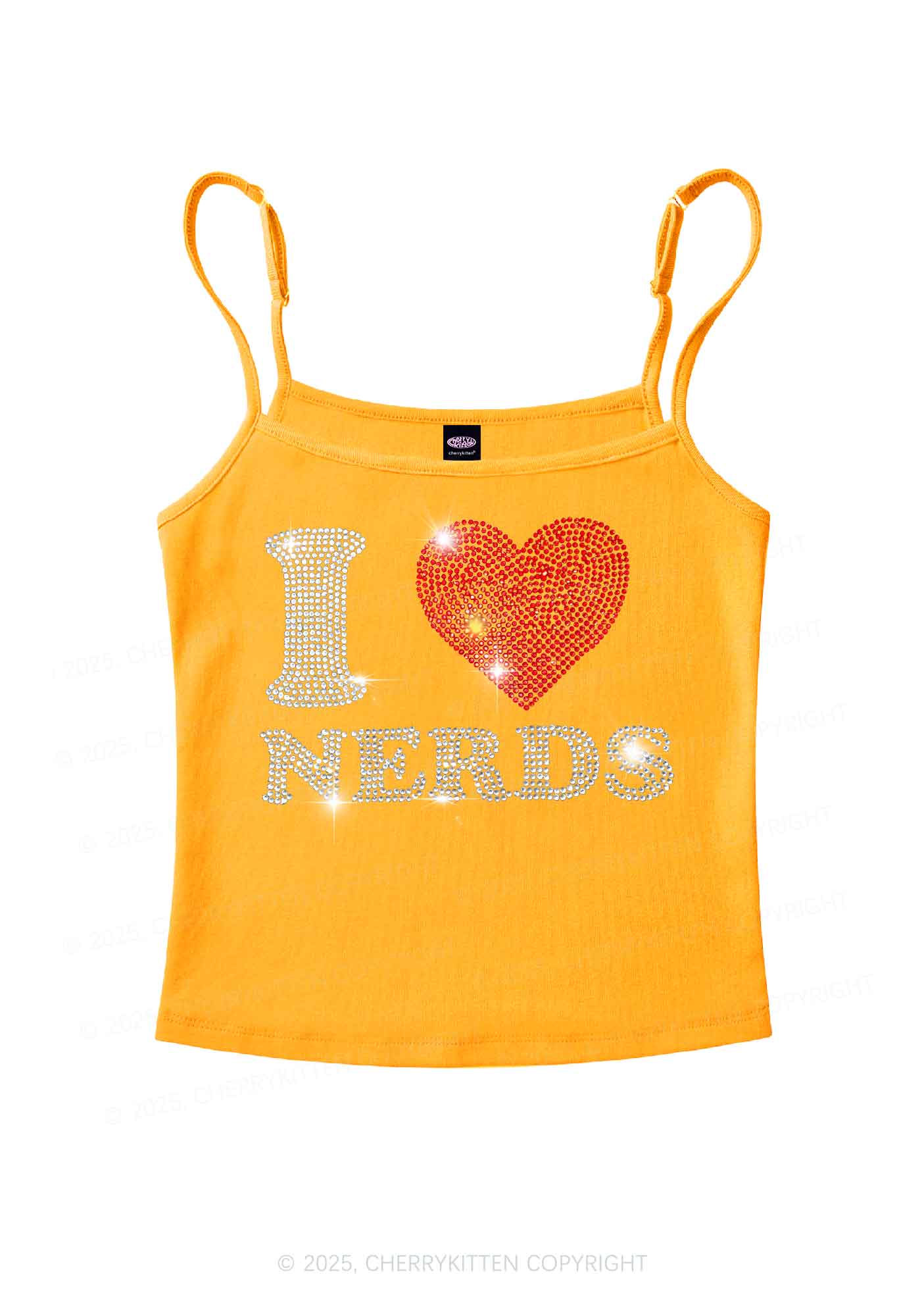 Rhinestone I Love Nerds Y2K Spaghetti Strap Cami Cherrykitten