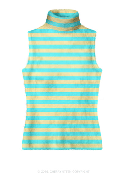 Mint Green Yellow Stripes Y2K Knit Turtleneck Tank Top Cherrykitten