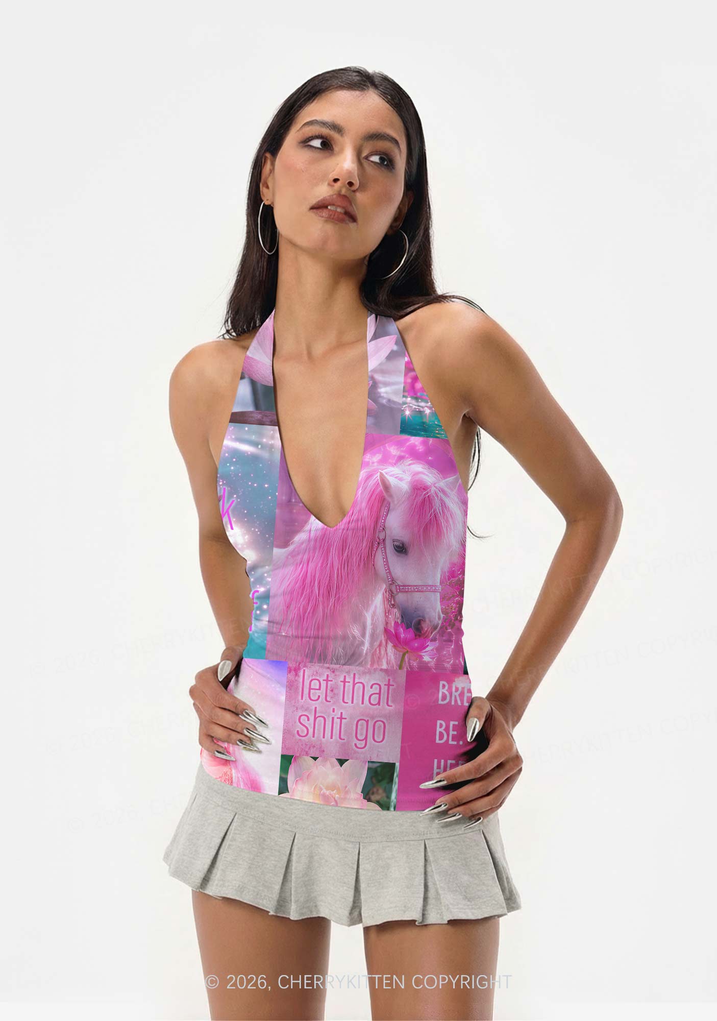Pink Unicorn Collage Art Y2K Print Halter Deep V Neck Cami Cherrykitten