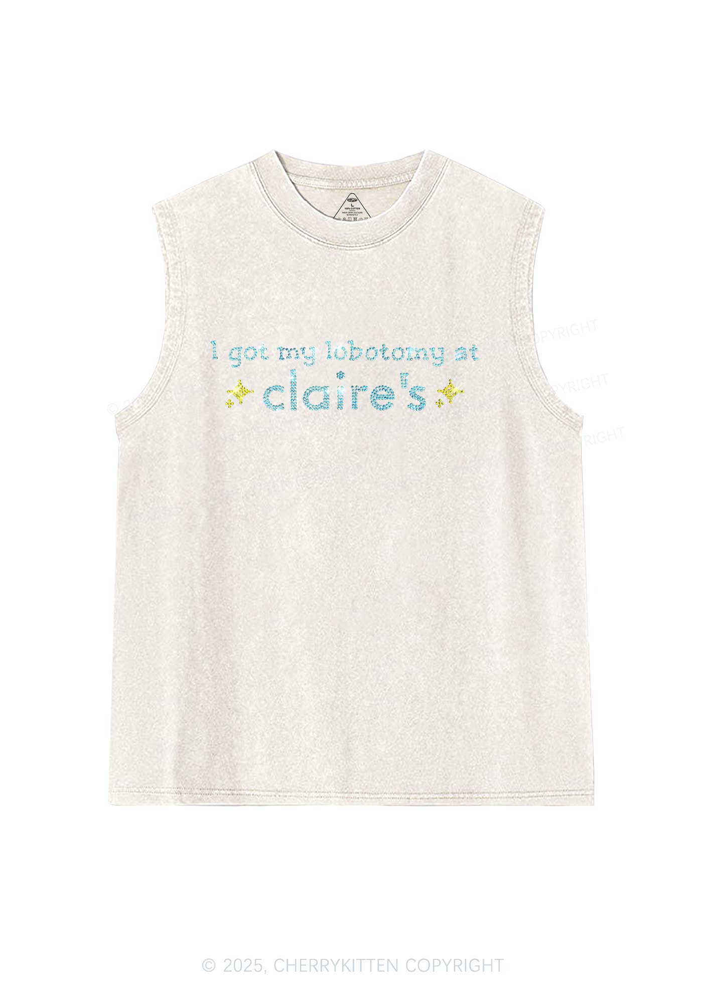 Rhinestone I Got My Lobotomy At Claires Y2K Washed Muscle Tank Cherrykitten