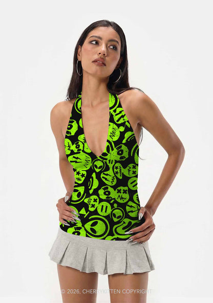 Green Alien Doodle Y2K Print Halter Deep V Neck Cami Cherrykitten