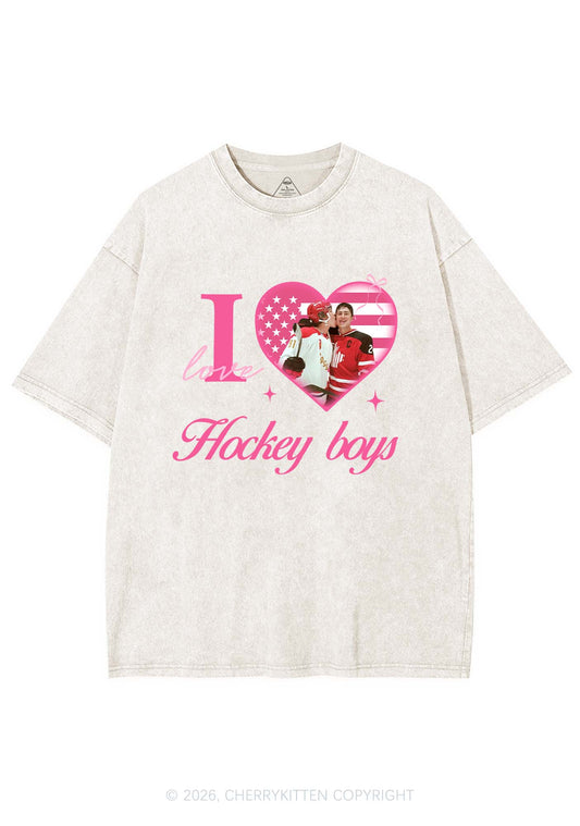 I Love US Hockey Boys HR Y2K Shirts Washed Tee Cherrykitten