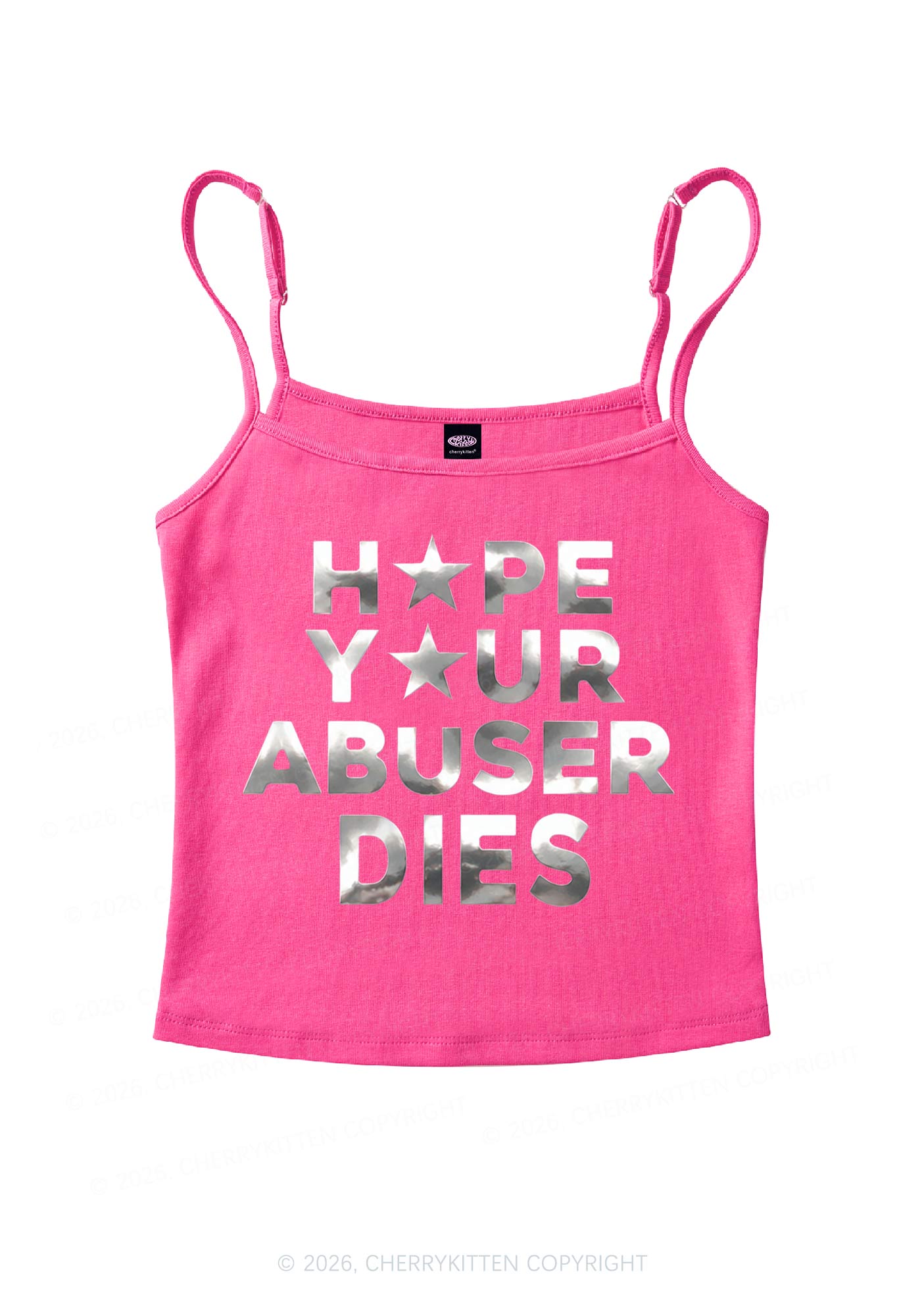 Abuser Dies Silver Foil Printed Y2K Spaghetti Strap Cami Cherrykitten