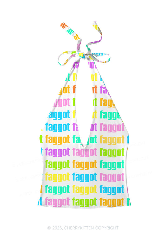 Rainbow Faggot Slogan Pride Y2K Print Halter Deep V Neck Cami Cherrykitten