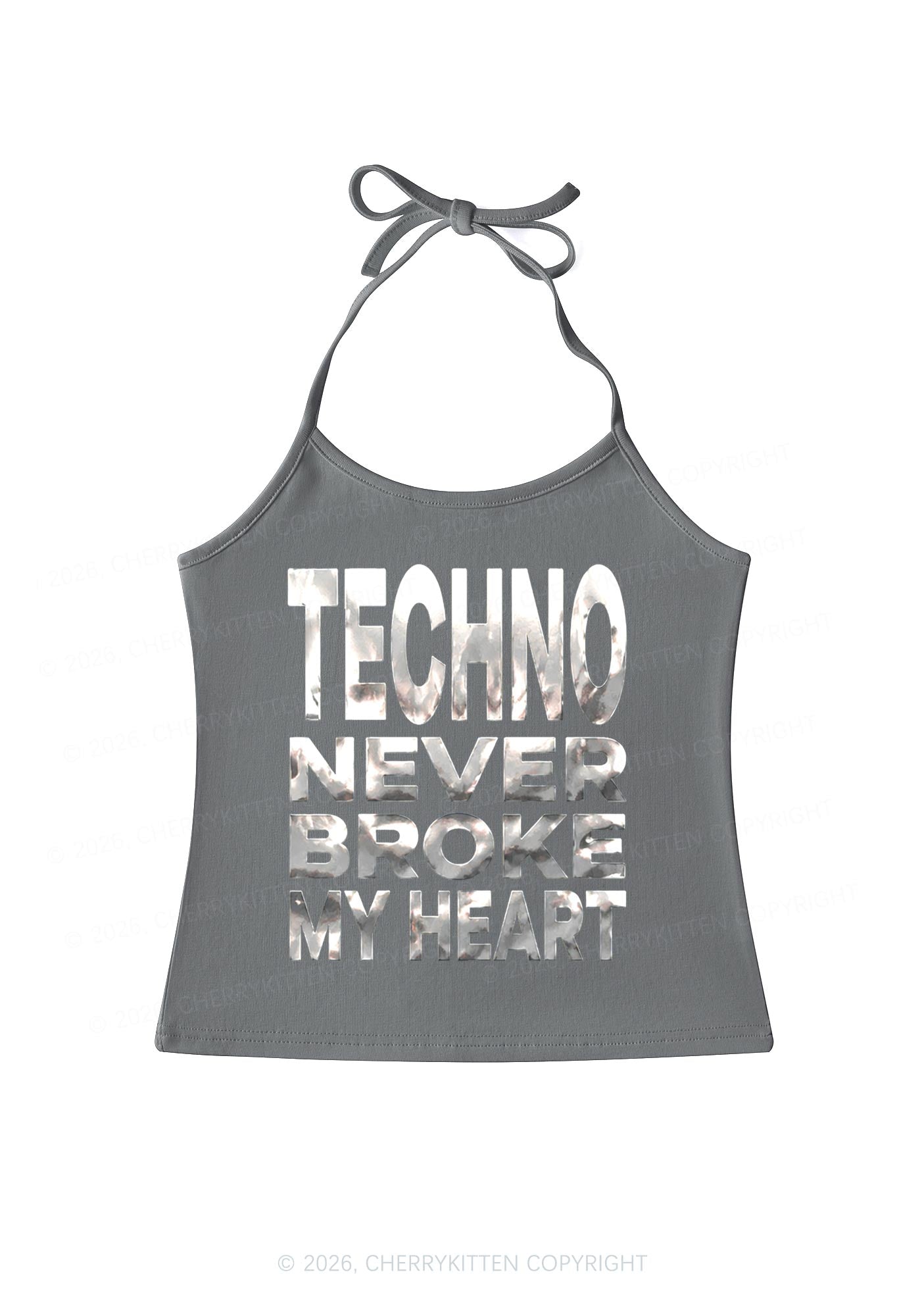 Techno Broke Heart Silver Foil Printed Y2K Halter Neck Cami Cherrykitten